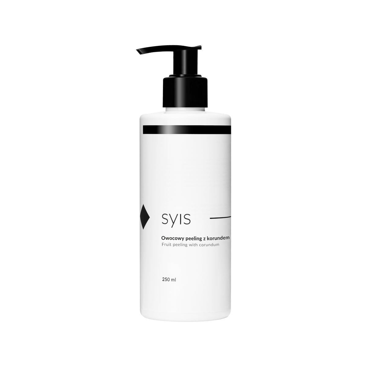 SYIS fruit scrub with corundum in a 250 ml jar, showing the exfoliating texture and fresh fruit ingredients on the label