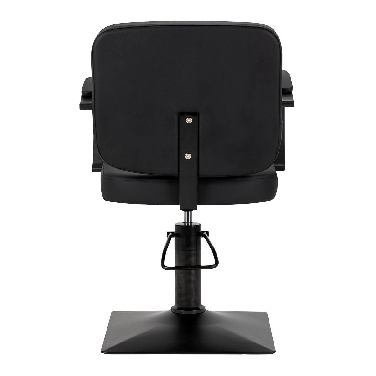 Black HAIR SYSTEM Edge hairdressing chair with cushioned seat and adjustable height for salon use.