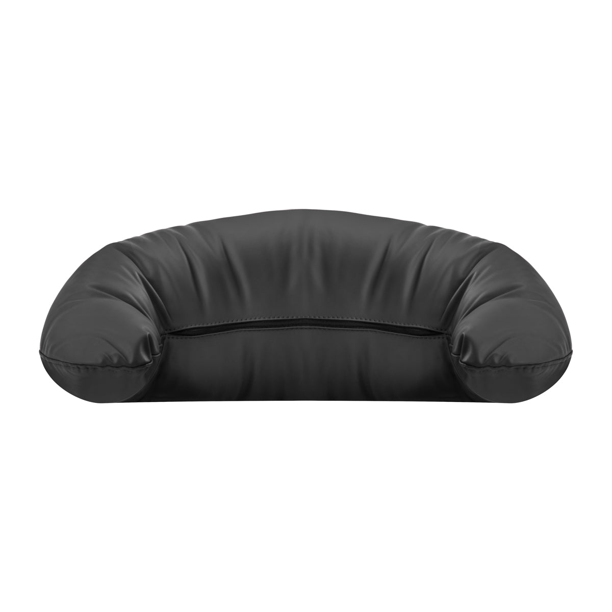 Omega black headrest for hairdressing wash unit, cushioned and adjustable for client comfort during hair treatments.