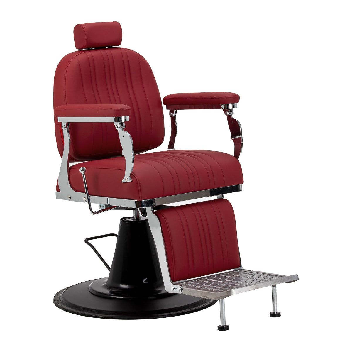 Red Gabbiano Elias barber chair with plush cushioned seat and backrest, featuring chrome armrests and a hydraulic base for barbershop use.