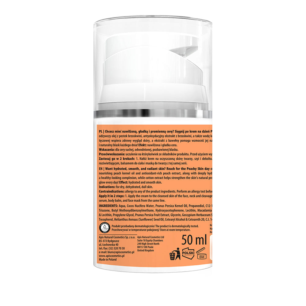 APIS Peachy Skin Moisturizing Day Cream with SPF 20 in 50ml jar, showing the cream and packaging on a neutral background.