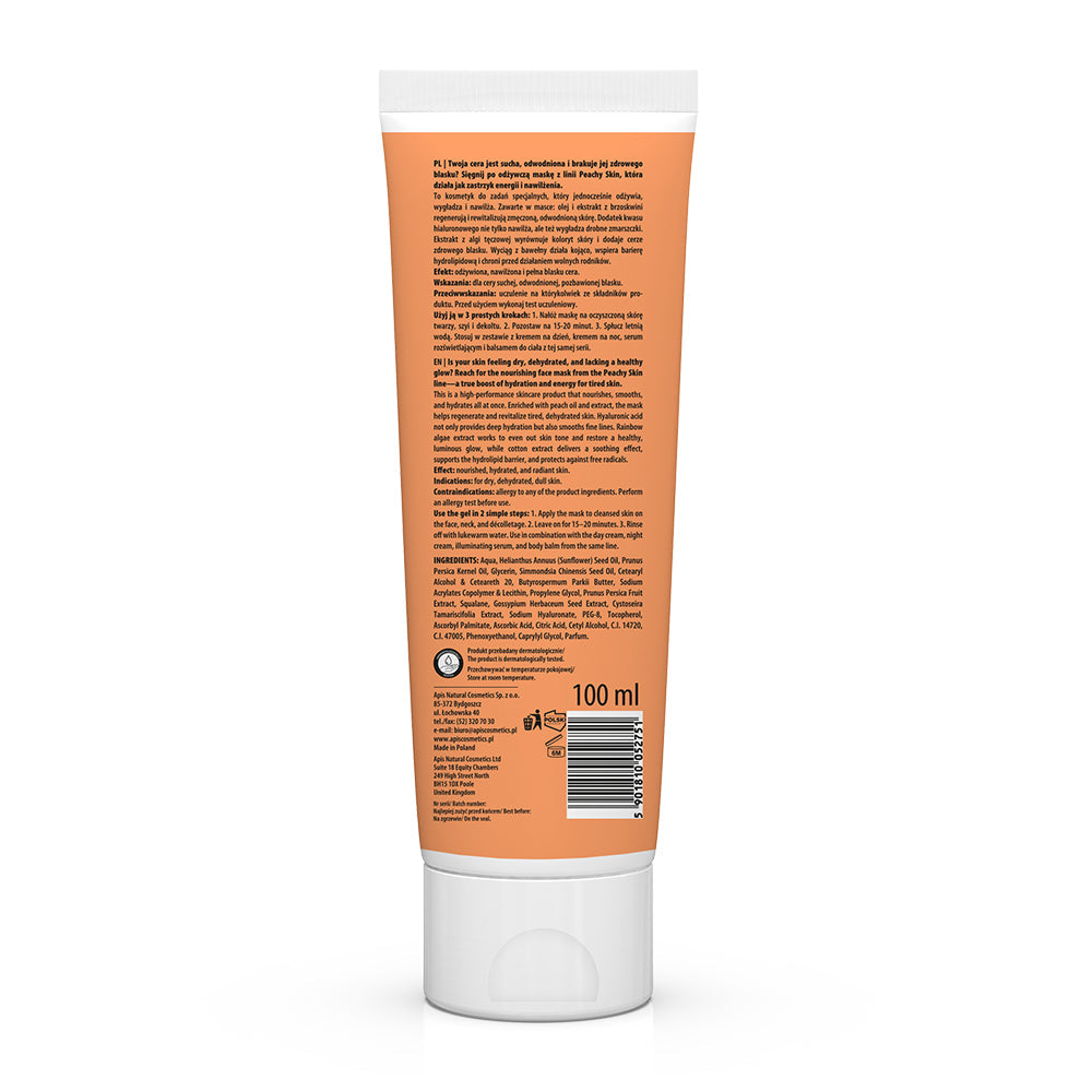Apis Peachy Skin Nourishing Face Mask 100ml jar with peach-colored label and product details visible.
