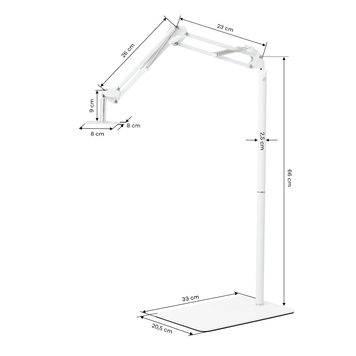 GLOW reguleeritav UV/LED-pediküürilambi alus – Valge; mõõtjoonis, alus 33 × 20,5 cm