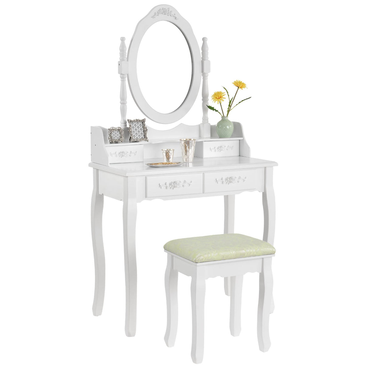 MIRA White Vanity Table with Mirror, 4 Drawers & Stool - BVShop