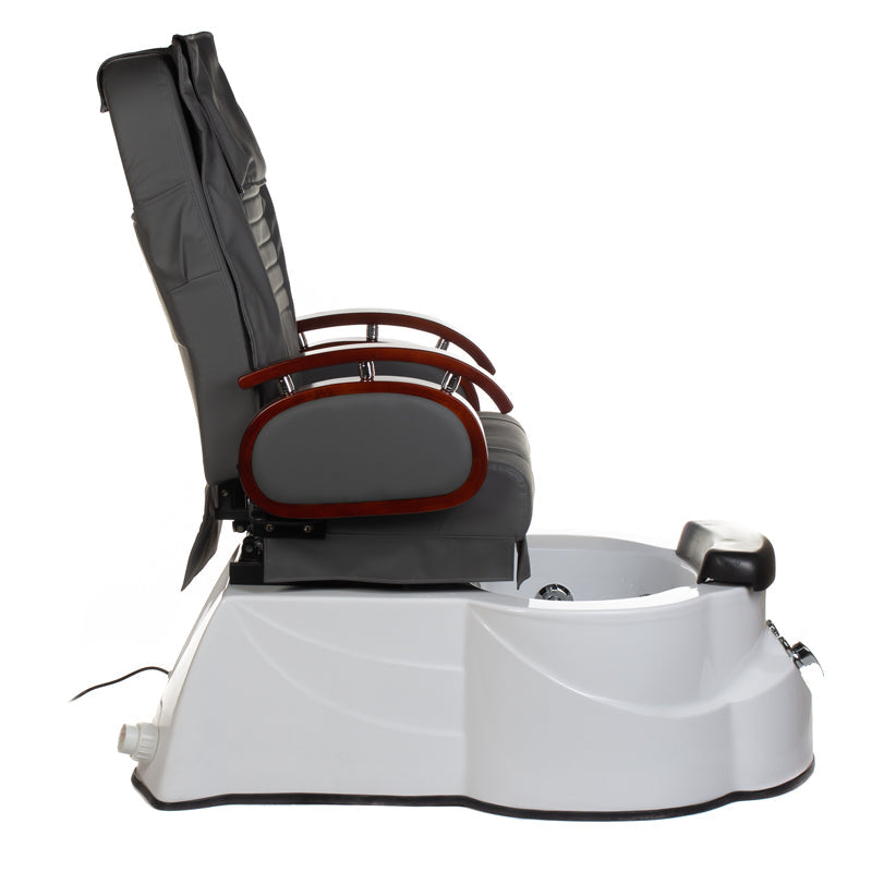 Gray pedicure armchair with massage features from Beauty System, showcasing cushioned seat and armrests for client comfort.
