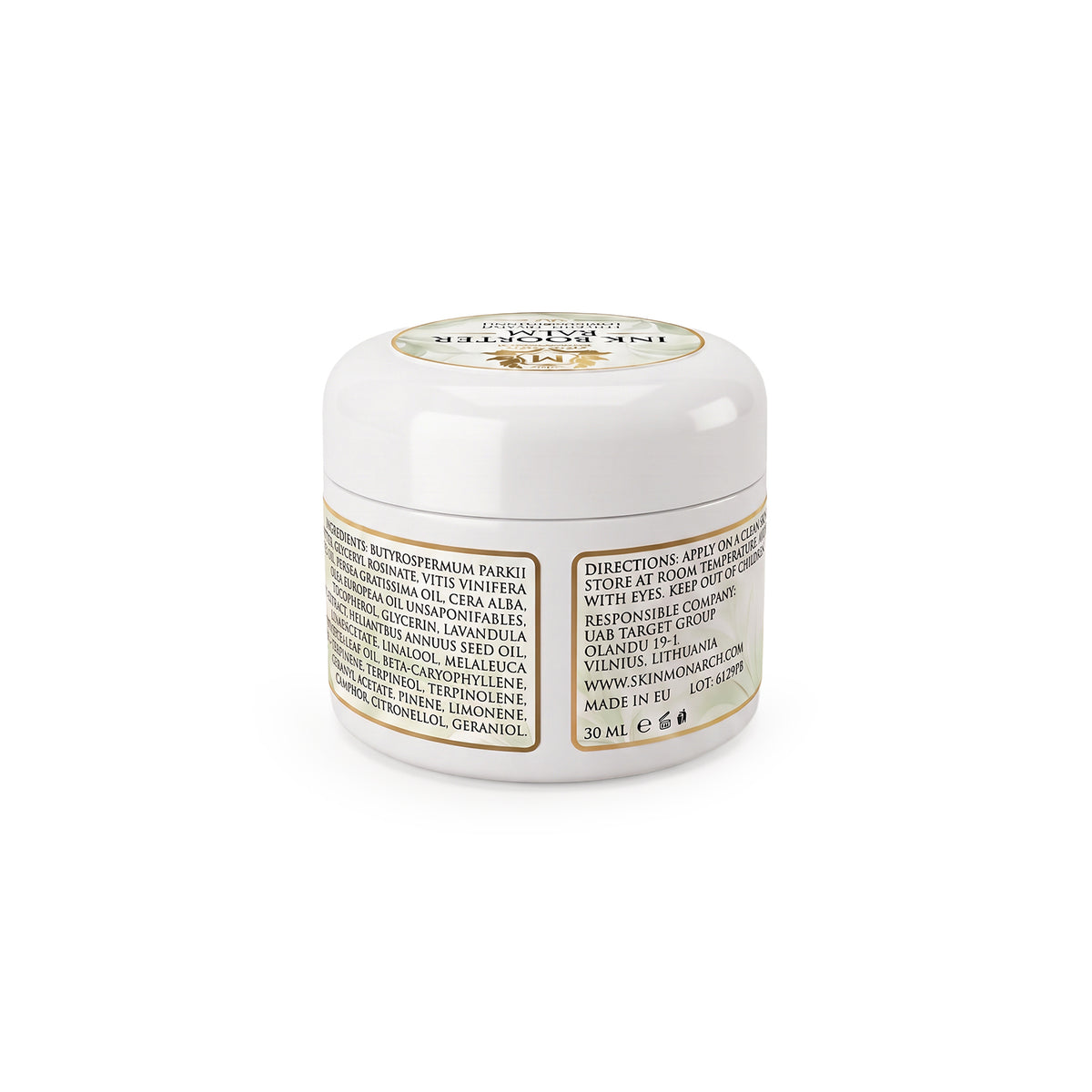 Skin Monarch Ink Booster Balm 30ml, tagakülje etikett koostisosade ja kasutusjuhistega