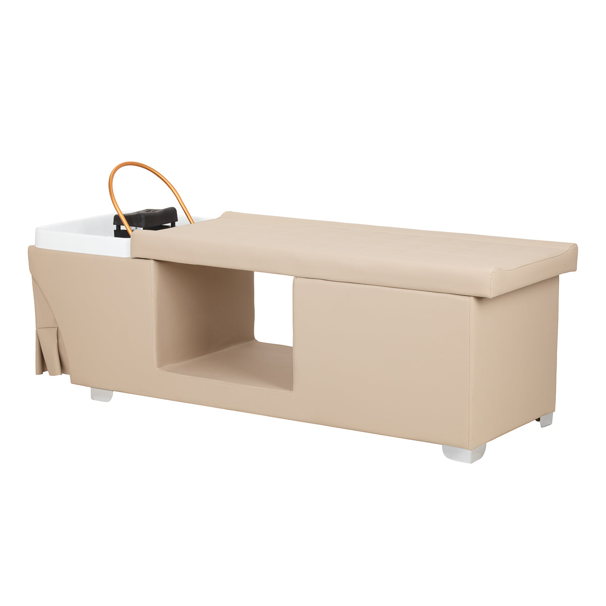 Gabbiano Head Spa Maldives hair washing bed in beige with cushioned surface for comfortable hair treatment sessions.