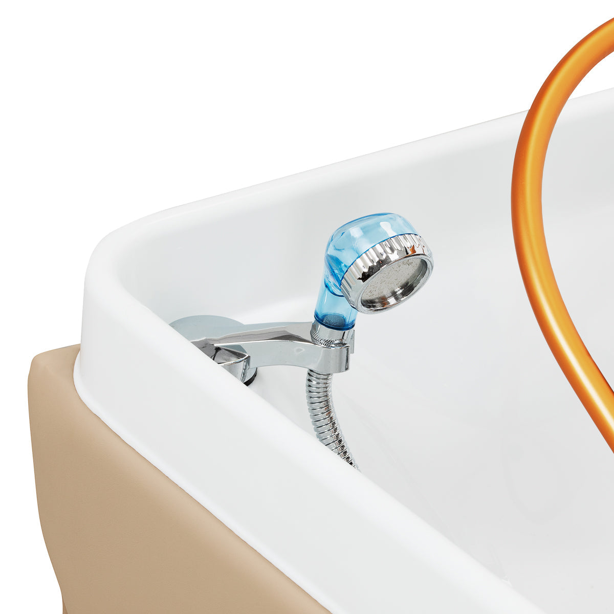 Gabbiano Head Spa Maldives hair washing bed in beige with padded cushion and built-in headrest for comfortable hair washing.