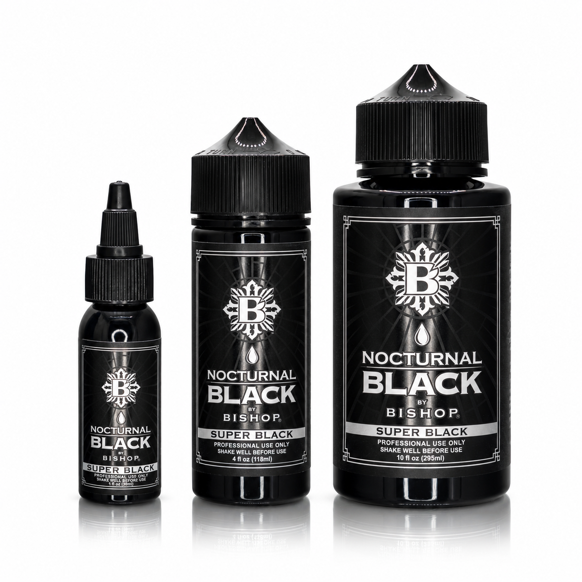 Nocturnal By Bishop Super Black 30ml, 118ml, 295ml — pudelisuuruste võrdlus
