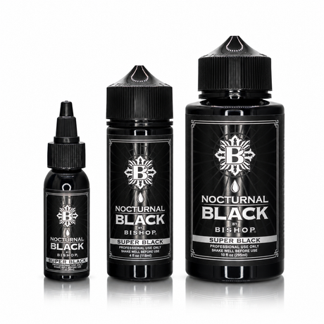 Nocturnal By Bishop Super Black 30ml, 118ml, 295ml — pudelisuuruste võrdlus