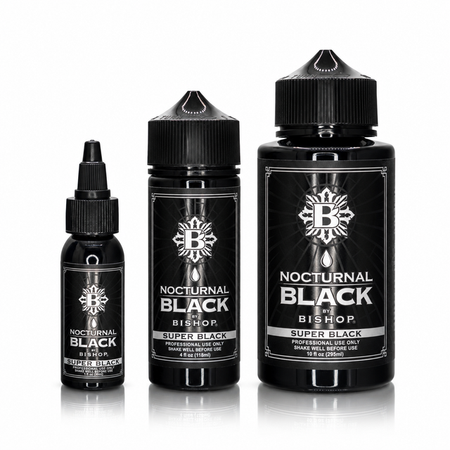 Nocturnal By Bishop Super Black 30ml, 118ml, 295ml — pudelisuuruste võrdlus