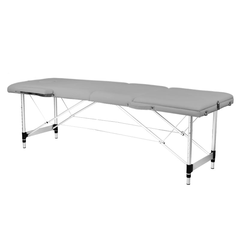 BALANCE kolmeosaline kokkupandav alumiiniumist massaažilaud – Hall; vaade nurga alt, tasane lauaplaat