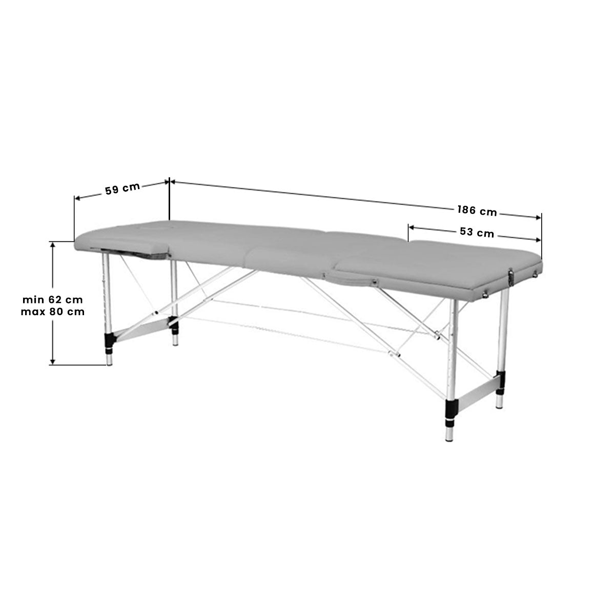 BALANCE kolmeosaline kokkupandav alumiiniumist massaažilaud – Hall; mõõtjoonis, lauaplaat 186 × 59 cm