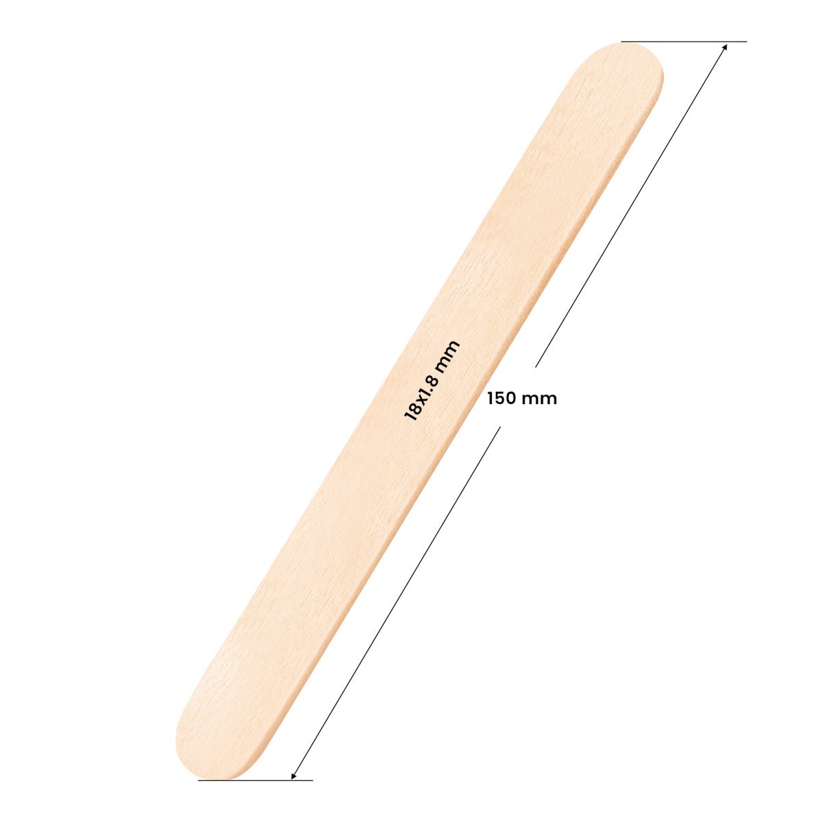 Set of 150 large wooden spatulas from ACTIVESHOP, measuring 150 × 18 × 1.8 mm, arranged on a clean surface.