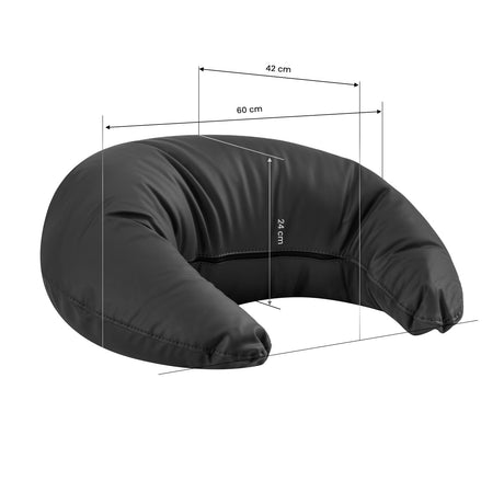 Omega black headrest for hairdressing wash unit, showcasing ergonomic design and adjustable features for client comfort.