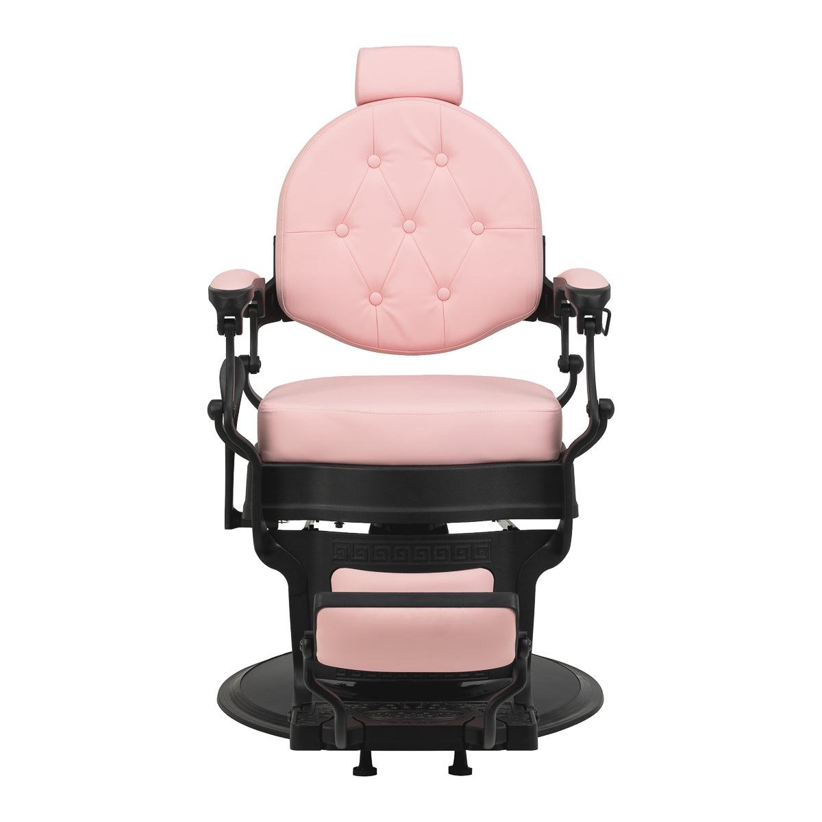 Pink barber chair with black base, GABBIANO Gabbiano President model, featuring padded seat, backrest, and armrests for salon styling.