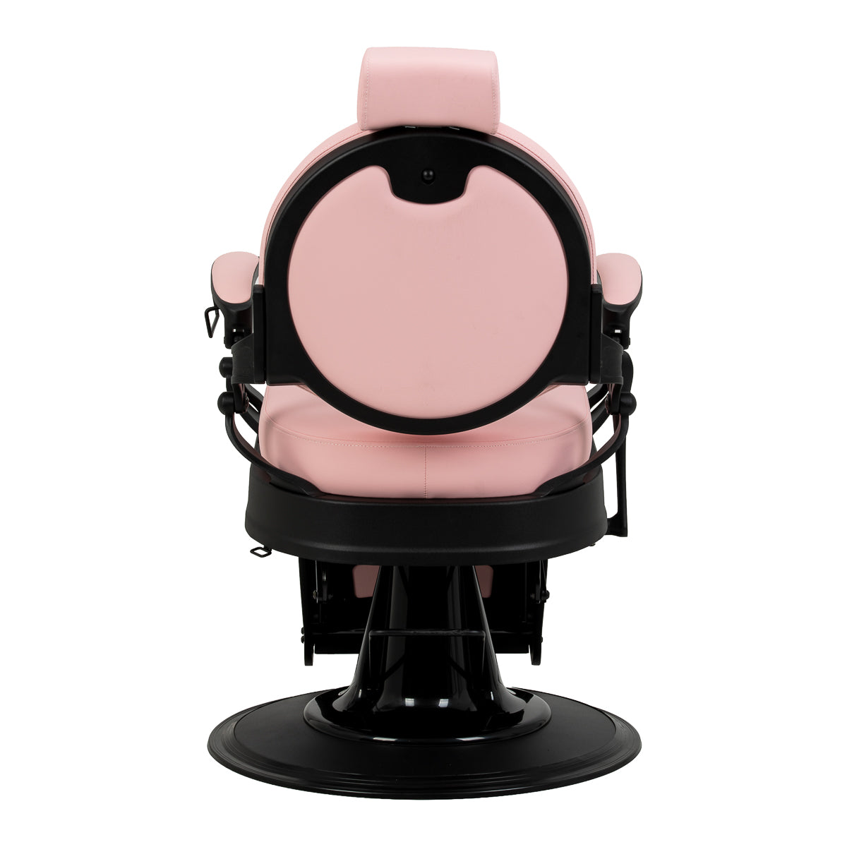 Pink barber chair with black base, GABBIANO Gabbiano President model, featuring cushioned seat and chrome accents.