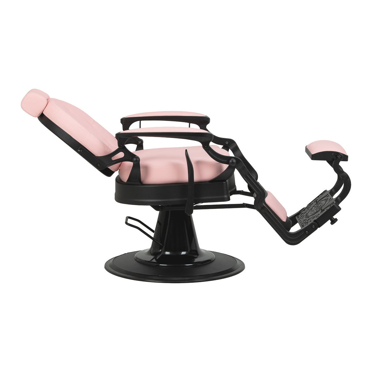 Pink Barber Chair Gabbiano President with black base, featuring plush upholstery and adjustable headrest for salon styling.
