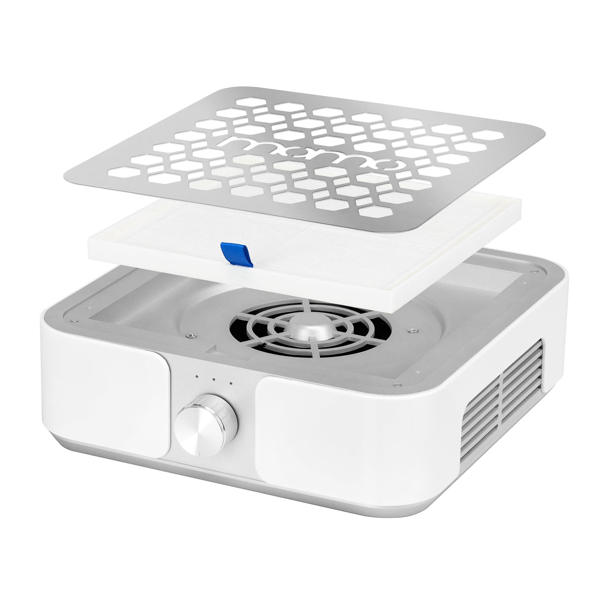 White and silver MOMO Dust Absorber P30 60W with sleek design and adjustable filter in a modern kitchen setting.