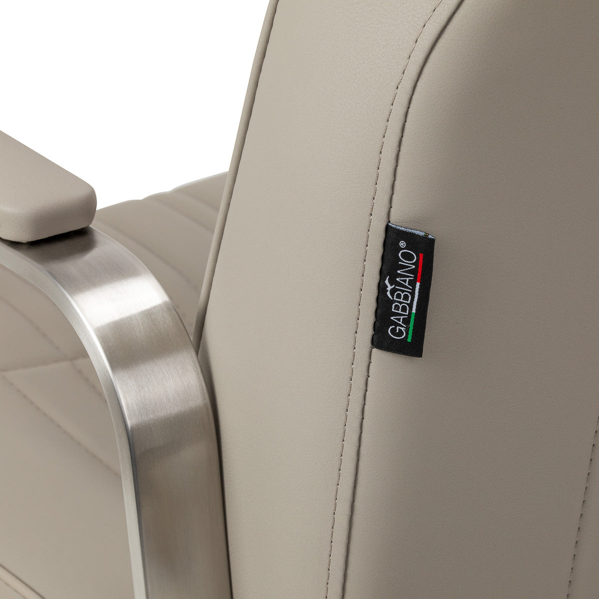 Beige Gabbiano Acri hairdressing chair with cushioned seat and backrest, adjustable height, and modern design.