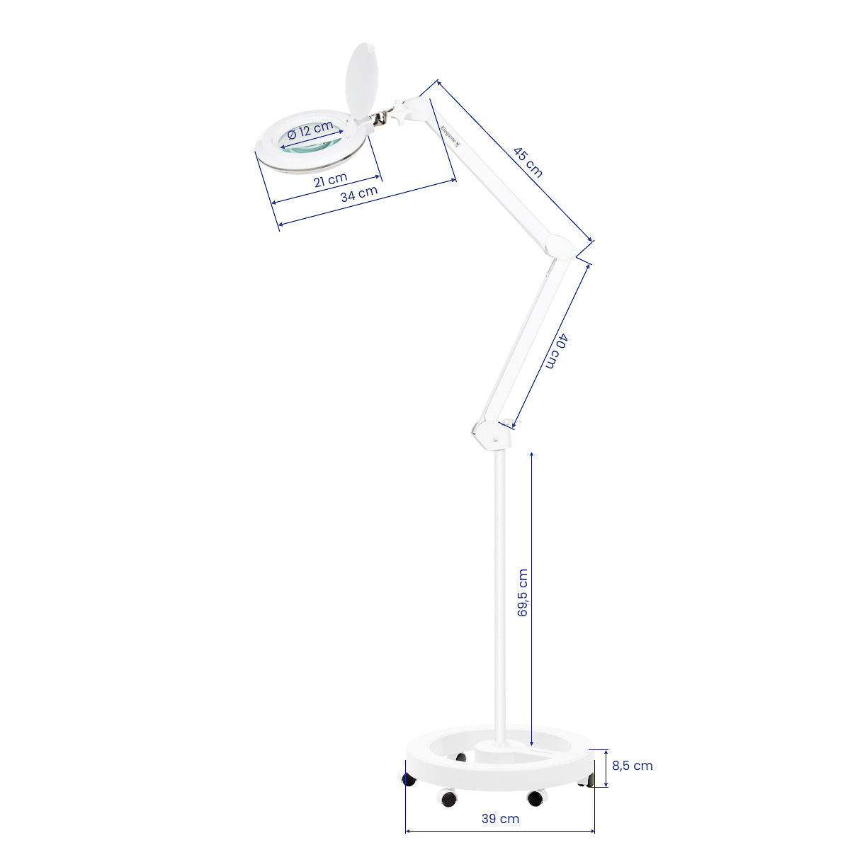 Elegante 6031 floor magnifying lamp with flexible arm and castors