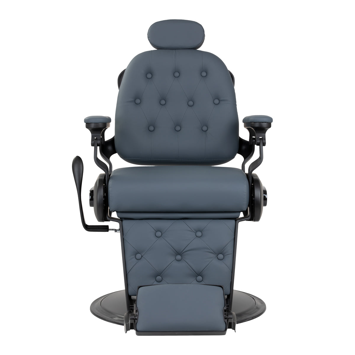 Gabbiano Barber's Chair Francesco Graphite with black base, featuring plush upholstery and adjustable headrest for professional salons.