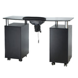 Manicure table with black hood and built-in storage from Beauty System, featuring a sleek workspace with a foldable design.