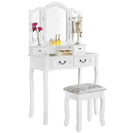 EMMA White Vanity Table with 3 Mirrors, 4 Drawers & Stool - BVShop