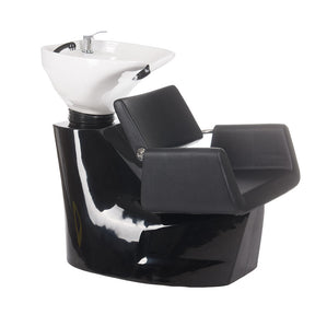 Black Vito BH-8022 Hair Wash Station by Beauty System with sink, faucet, and adjustable chair for salon hair washing.