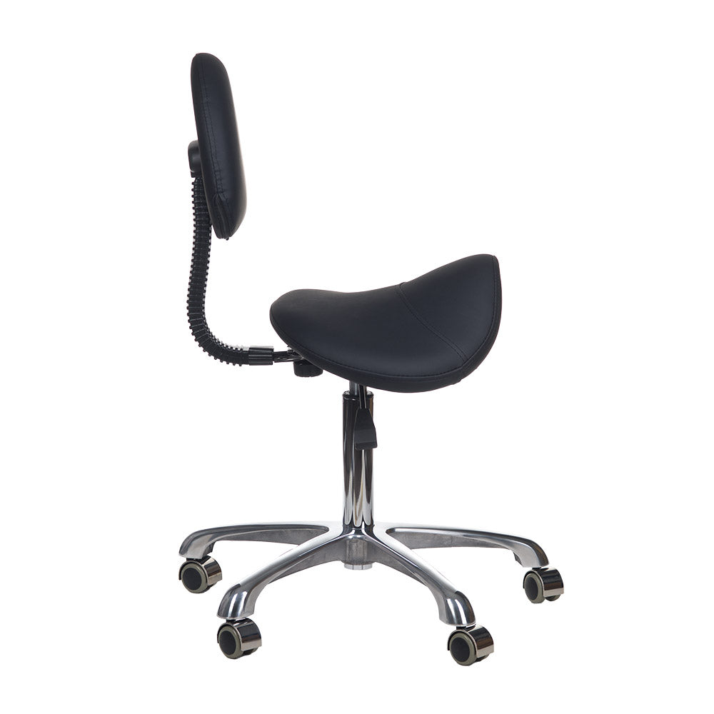 Black cosmetic stool by Beauty System with padded seat and adjustable height, ideal for salon or makeup application.