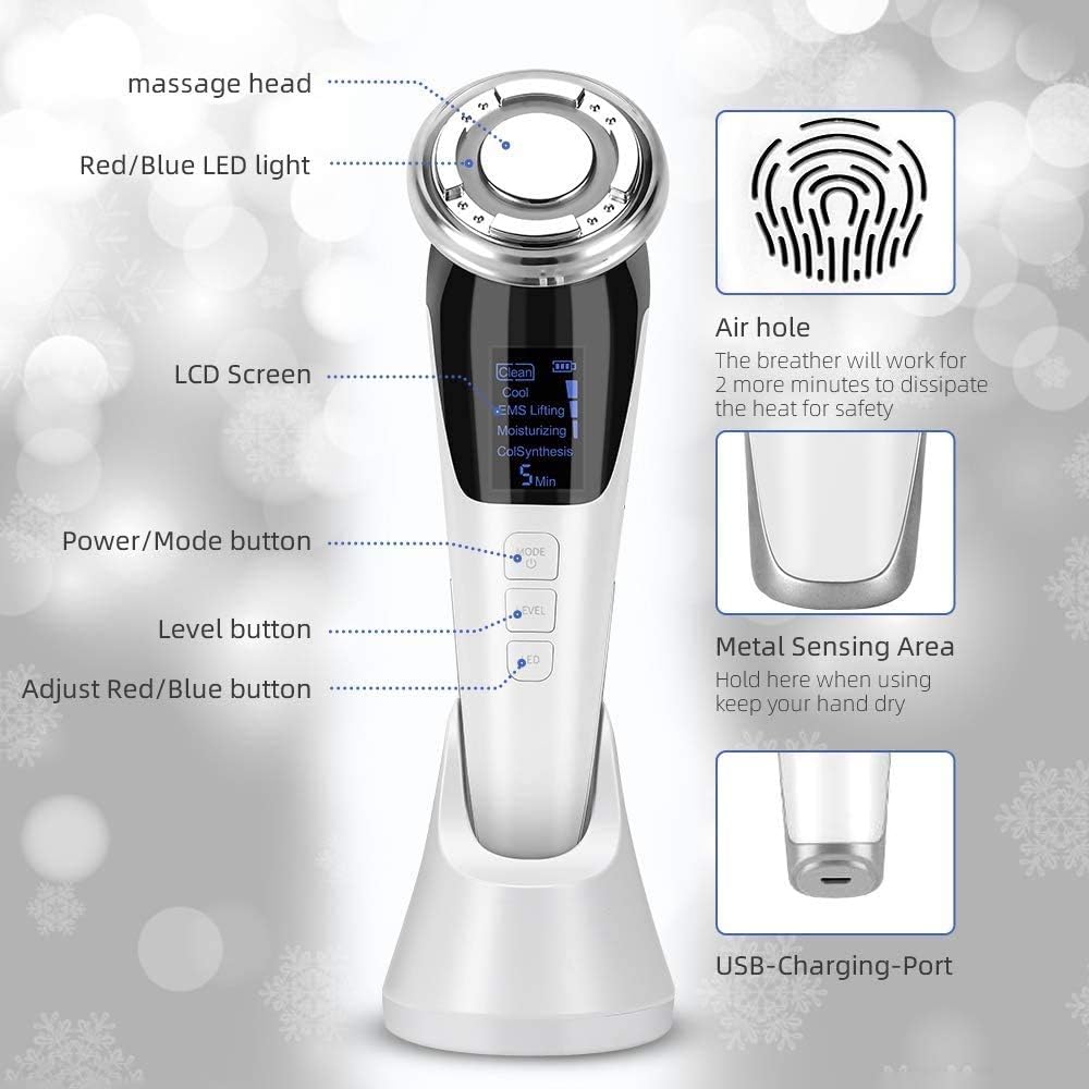 Red and blue LED facial massager for warming and cooling skincare care