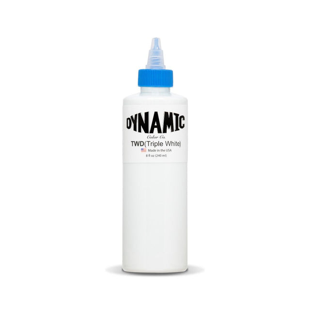 Dynamic Triple White hair treatment in 8oz bottle, featuring a sleek white design and easy-to-use pump for healthy hair care.