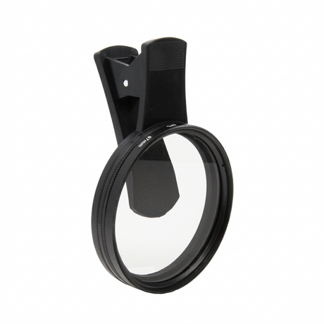 BVShop universal clip-on CPL lens for 67mm cameras, shown attached to a camera lens with adjustable clip and clear glass filter.