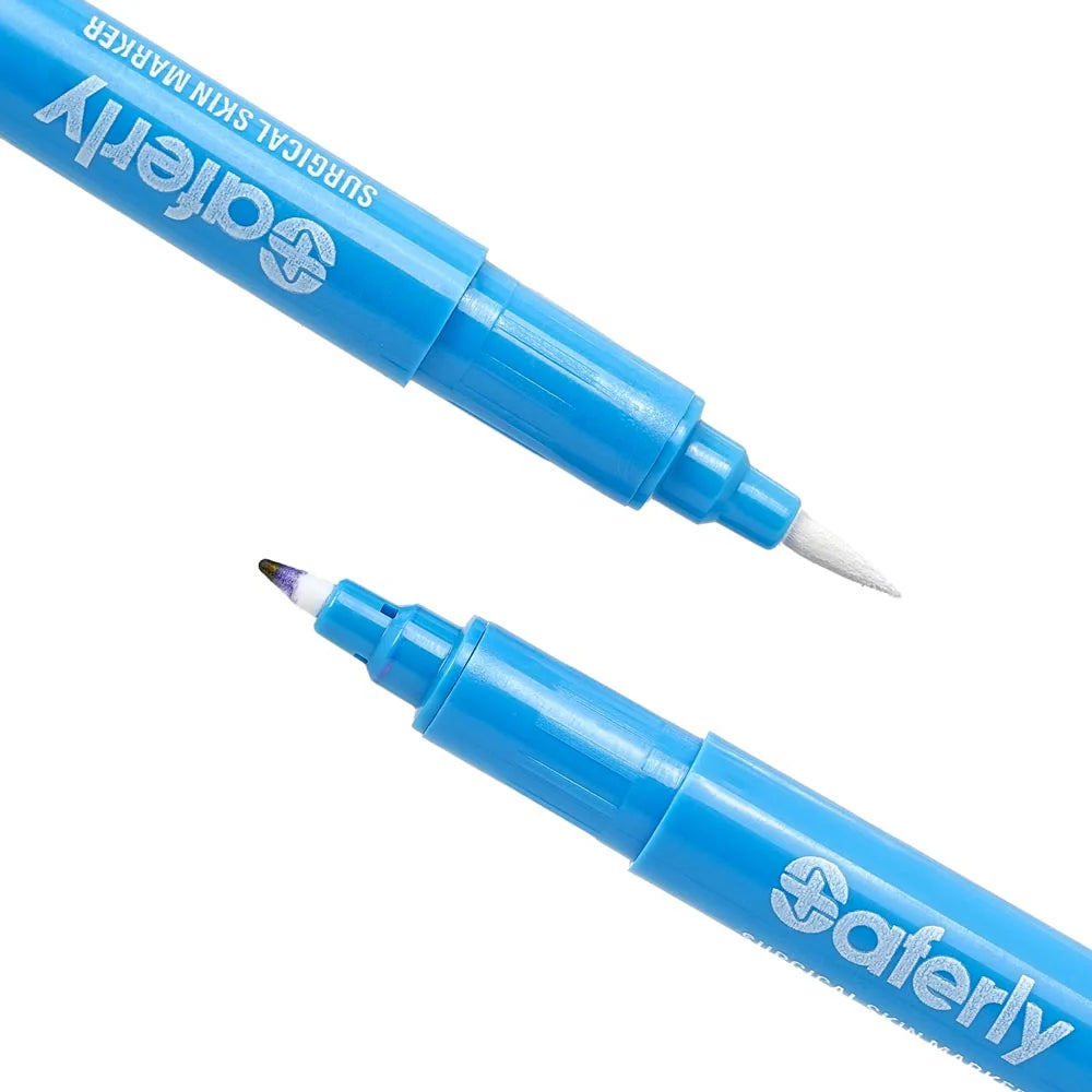 Saferly fine tip surgical skin marker in white and violet with precision tips for accurate medical marking.