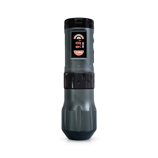 Wireless tattoo pen machine by AVA in grey, featuring ergonomic design and advanced needle control for precise tattooing.
