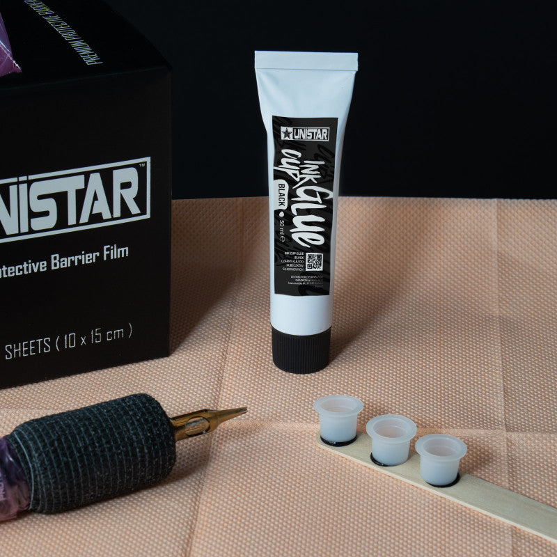 Unistar Cup Ink Glue 50g showing the small plastic cup filled with blue glue for craft and art projects.