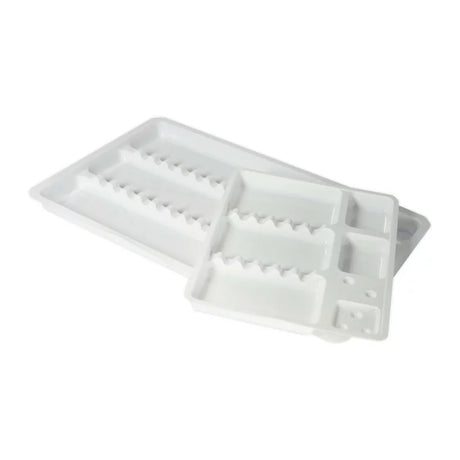 White disposable instrument trays in 19.5 × 30cm and 15 × 19.5cm sizes