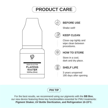 PhiAcademy PMU Aqua Flaming Water Pigment 10ml — product care and storage
