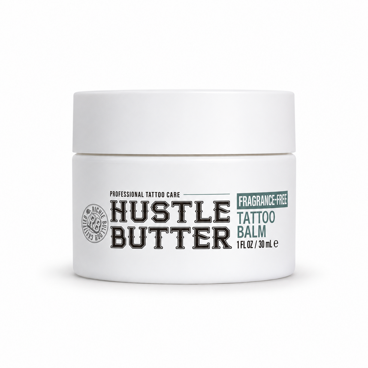 Hustle Butter Fragrance-Free Tattoo Balm 30ml jar on a white background with a natural shadow