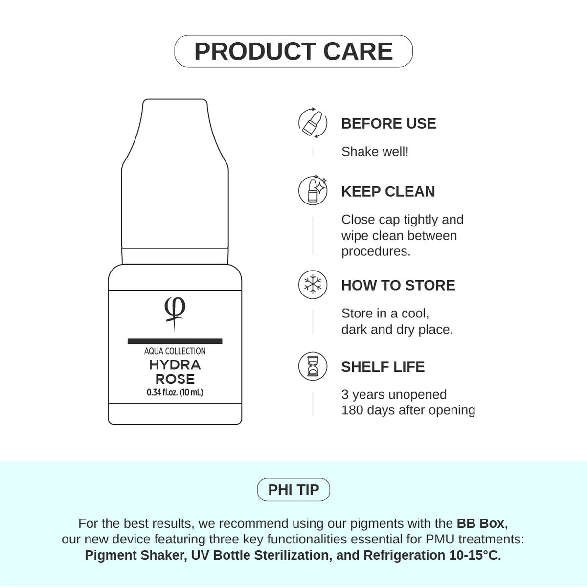 PhiAcademy PMU Aqua Hydra Rose Pigment 10ml — product care and storage