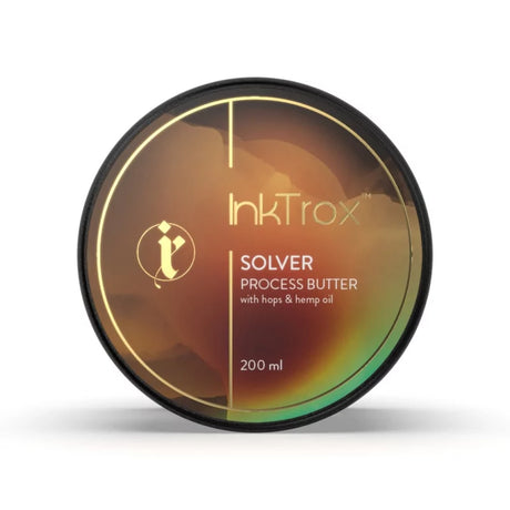 Inktrox Solver Tattoo Butter in 50ml and 200ml containers, shown in a sleek packaging with labels and branding visible.