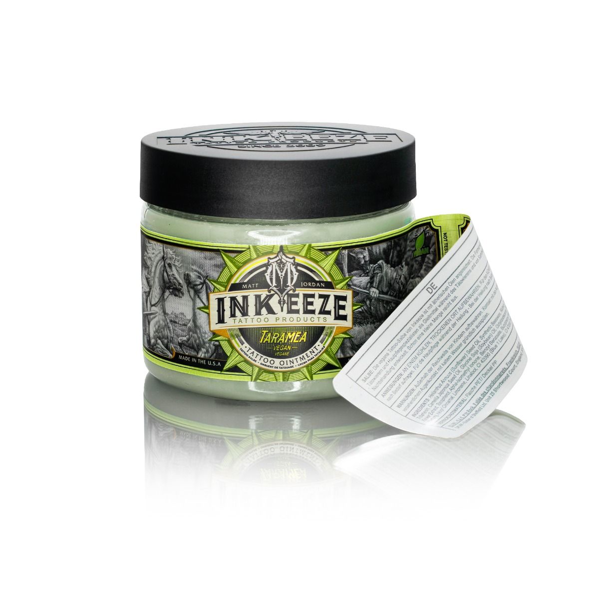 Inkeeze x Matt Jordan Taramea Tattoo Ointment 150g jar, close-up of the product label and packaging for tattoo aftercare.