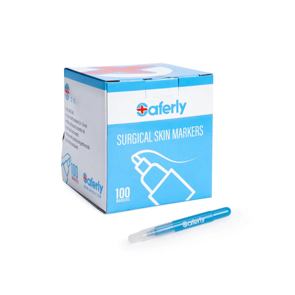Saferly Fine Tip Surgical Skin Marker in white and violet with fine tip for precise marking on skin during medical procedures.