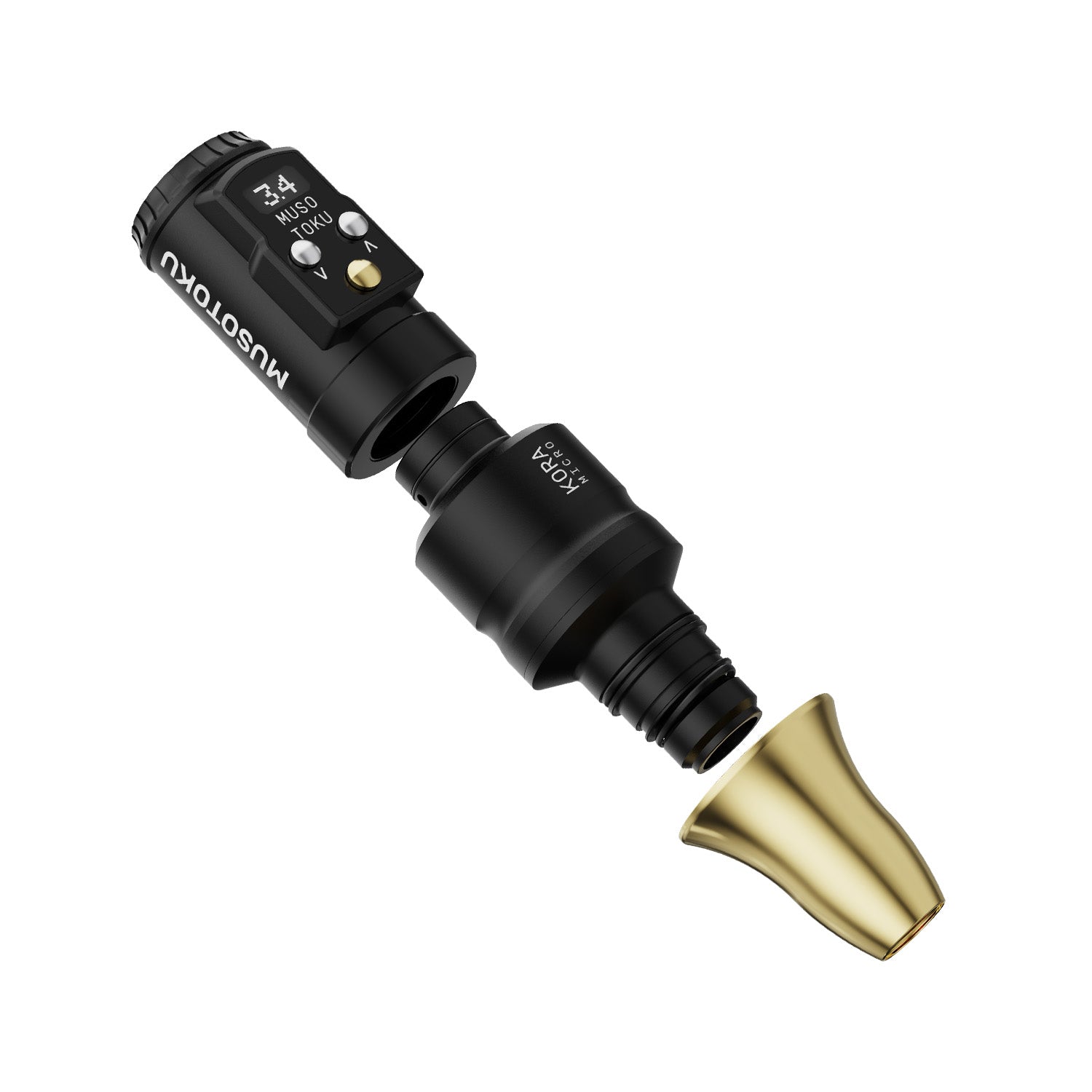 Musotoku Kora Micro PMU machine, disassembled, black body, gold grip