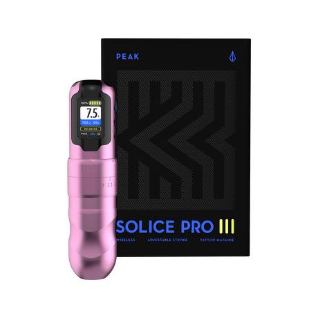 Pink PEAK Solice Pro V3 tattoo machine with ergonomic design, shown in a close-up image highlighting its sleek build and controls.