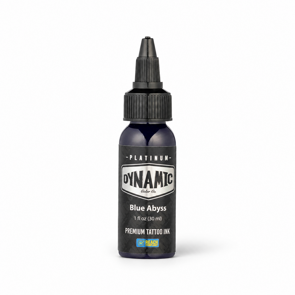 Platinum By Dynamic Tattoo Ink Blue Abyss 30ml bottle on a white background with a natural shadow