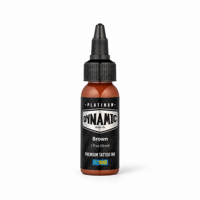 Platinum By Dynamic Tattoo Ink Brown 30ml bottle on a white background with a natural shadow