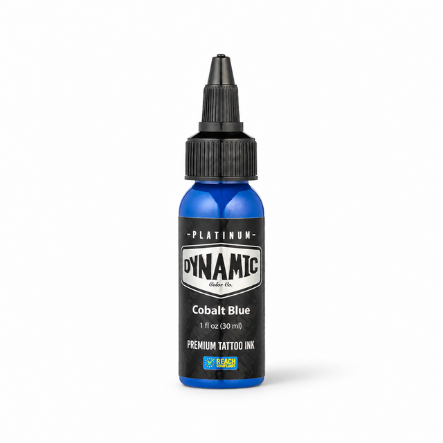 Platinum By Dynamic Tattoo Ink Cobalt Blue 30ml bottle on a white background with a natural shadow