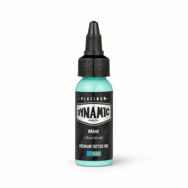 Platinum By Dynamic Tattoo Ink Mint 30ml bottle on a white background with a natural shadow