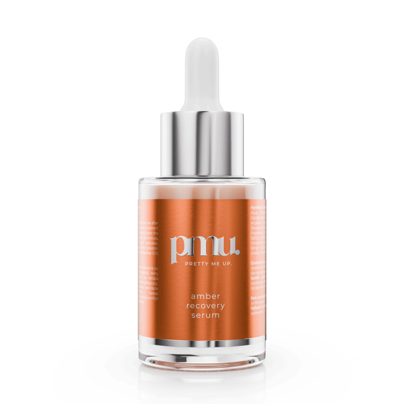Kwadron Pretty Me Up Amber Recovery Serum 30ml bottle with dropper, designed for post-PMU skin care and recovery.